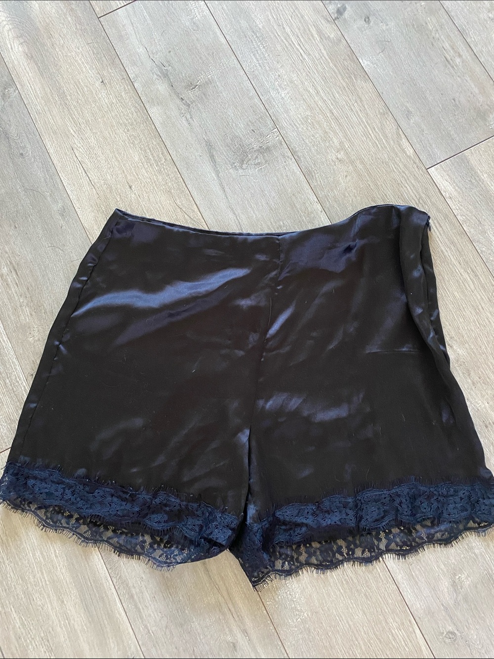 Papermoon Black Satin Lounge Shorts with Lace Hem
